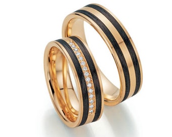 7mm 14k Yellow Gold and diamond ring with Carbon Fibre inlay 15 diamonds total (Diamond ring only)