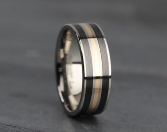 Titanium, Carbon Fibre and Rose Gold Wedding ring band 7.5mm Brushed/Polished Comfort fit, Free Engraving/Personalisation, Black & Gold Ring