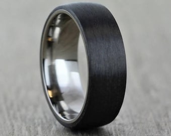 Titanium & Carbon Fibre Wedding Ring Band| Free Personalised Engraving | 3mm-9mm Widths available, Brushed finish outer, polished inside