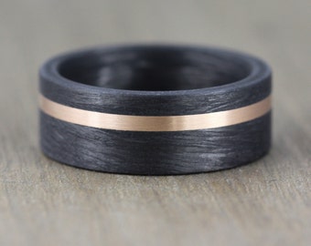 Carbon Fibre, Rose Gold Wedding ring with Free Engraving! 8mm black mens Wedding Band