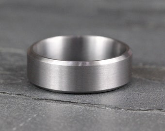 Tantalum Wedding Ring with bevelled edges. All Matt/Brushed finish in 5, 6 or 7mm width. Matt Finish, Comfort Fit with FREE Engraving!
