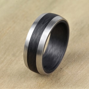 Carbon Fibre & Palladium Wedding Ring band with Free Engraving! Black Carbon Fiber wedding band 8mm Wide with Brushed Palladium