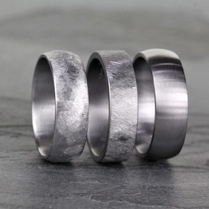 court profile Tantalum wedding ring band. Mans wedding ring band in gunmetal grey. 6mm wide with a heavy brushed finish and engravable inside. alternative metal wedding bands for men