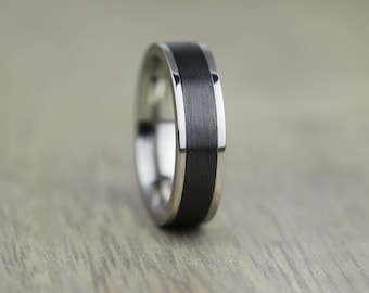 Titanium & Carbon Fibre Wedding Ring with Free Engraving! Black Carbon Fiber wedding band,  5mm width to 12mm black wedding band