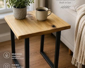 Wood Side Table, Solid Top with Black Metal Legs | Rustic Modern