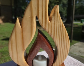 Sculptural Flame Wood Candle Holder | Pine, African Mahogany Tea Light Stand