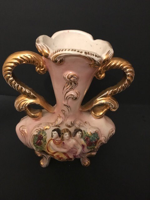 Rare Capodimonte Vintage Pedestal Double Handle Raised Figural Vase