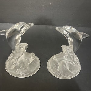 Coppia fermalibri con figurine di delfini in cristallo D&#39;Arques Francia