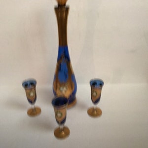 Vintage Bohemian Czech Hand Painted Decanter and Glass Set