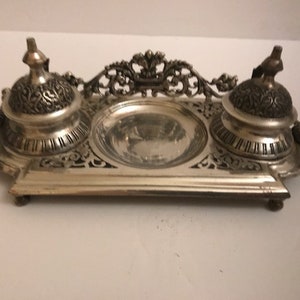 Victorian Ornate Silver Plate Double Inkwell Stand