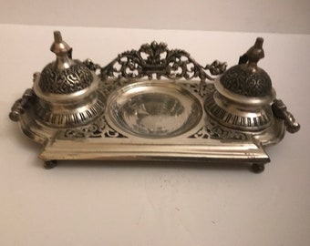 Victorian Ornate Silver Plate Double Inkwell Stand