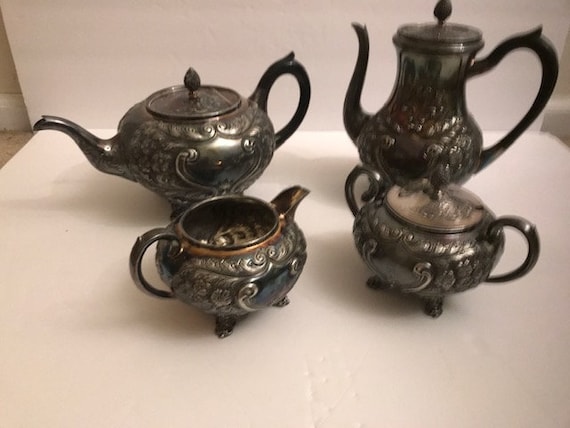 English Sheffield Silver Plate Hand Chased 4 Piece Coffee