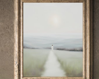 May include: A vintage-style framed print of a painting depicting a lone figure walking down a path in a misty field. The figure is wearing a white robe and the path is leading towards a bright light in the distance.