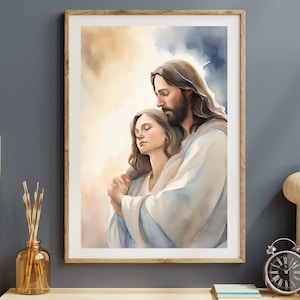 Jesus holding woman, Woman safe in his arms, Bible wall art, Christian wall art, Jesus Comforting, Jesus and woman Jesus hugs, Jesus Holds