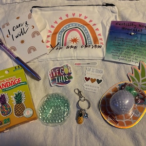 Puede incluir: Una colección de artículos de autocuidado que incluye un cuaderno con el texto "I can & I will", un bolígrafo, una caja de vendas de piña, una bolsa con diseño de arcoíris, pegatinas, un bálsamo labial y un llavero.