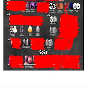 May include: A collection of nail polish strips arranged by year, featuring various Halloween-themed designs like ghosts, spider webs, pumpkins, and bats. Each strip is labeled with names such as Too Ghoul For You, Ghost Town, and Bat To The Bone.