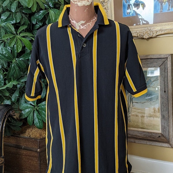 Vintage 1980s Boa Resort Polo Shirt - Black and Yellow Stripe - Size L/XL