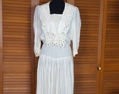 Vintage 1970s Handmade Cotton Lawn and Battenburg Lace Boho Wedding Dress - Size 8-10