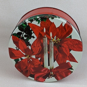 Vintage Christmas Holiday Theme Collectible Tin - Christmas Candle Motif - 8&quot; Diameter x 3.25&quot; High