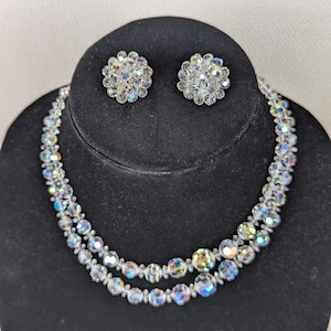 Vintage Aurora Borealis (AB) Double Strand Necklace and Earrings Set - Clear AB Beads