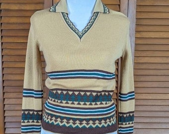 Groovy 1970s Collared V-Neck Pullover Sweater - Acrylic Knit - Size X-Small - USA