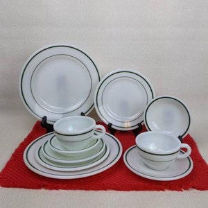 Vintage Pyrex Tableware Opal White Milk Glass Diner Dishes by Corning - Deep Green Band - 703 - Lunch Counter