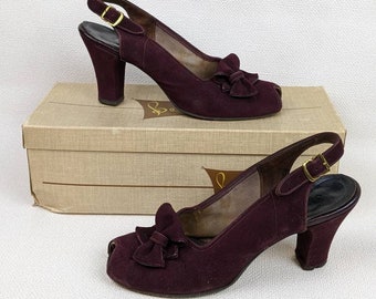 Vintage 1940's - 1950's Miracle Tread Sling-Back Peep-Toe Pumps - Burgundy Shoes