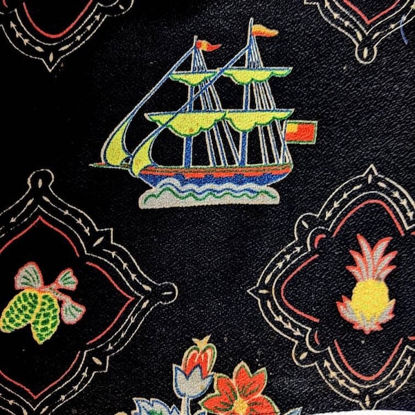 Vintage Mid-Century Black New England Motif Barkcloth Panel - Sailing Ships - Pineapple - Floral Basket - Cutter or Craft Panel