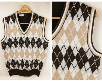 Vintage Men's K-Mart Argyle V-Neck Sweater Vest - Size Medium/Large - Brown and Tan Acrylic