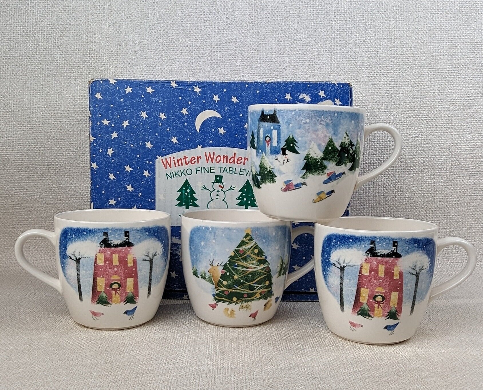 Set of 4 Vintage Nikko Winter Wonderland Mugs in Original