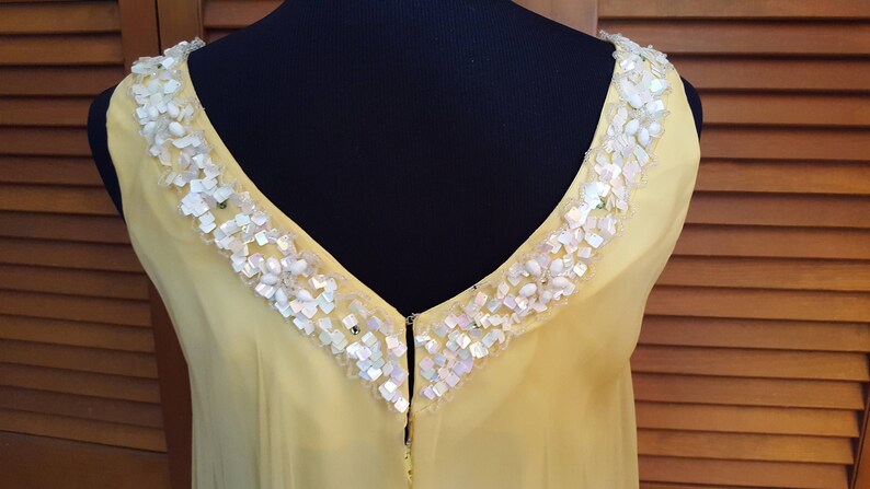 Size 6-8 Vintage 1960/'s Yellow Chiffon Float Cocktail Dress with Sequin Trim
