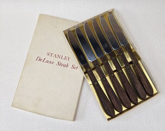 Vintage 1970's Stanley DeLuxe Steak Set Wood Handled Steak Knives - Set of 6 - Original Box