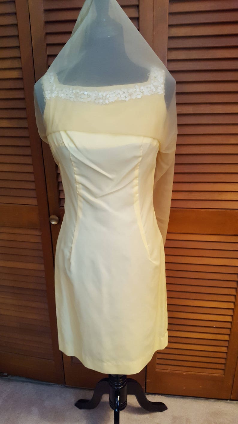 Size 6-8 Vintage 1960/'s Yellow Chiffon Float Cocktail Dress with Sequin Trim