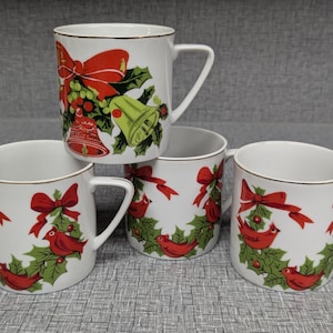 Set of 4 Vintage Lefton Christmas Mugs - Cups - Made in Japan - Hand Painted