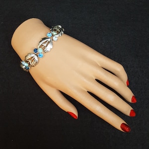 Vintage Signed Coro Silver-Tone Bracelet With Blue And Aqua Rhinestones