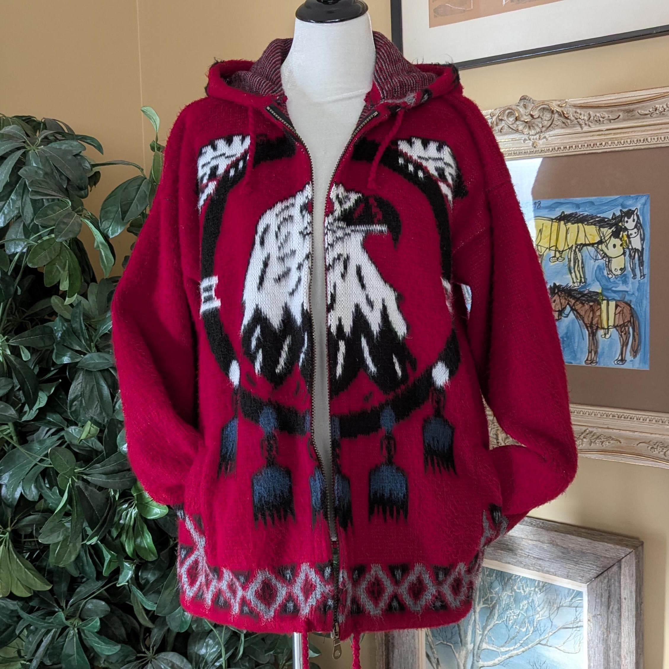 Vintage Ruminahui Hooded Jacket - Wool Knit Hoodie Coat - Women XL 