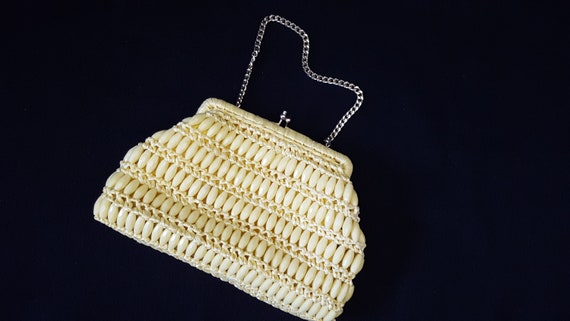 Vintage Mid-Century Lemon Yellow Beaded Raffia Ha… - image 3