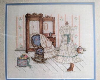 Vintage 1990's Framed Counted Cross Stitch Victorian Dressing Room - Hand Stitched - Double Matted and Framed