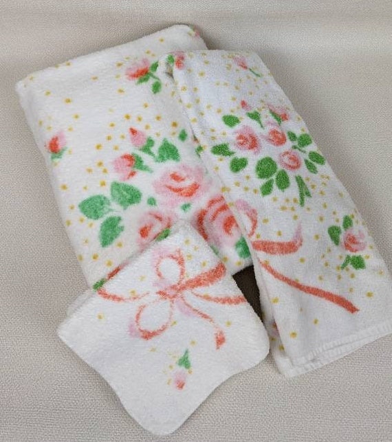 Vintage Martex Terry Velour Bath Towel Set Peachy Pink 