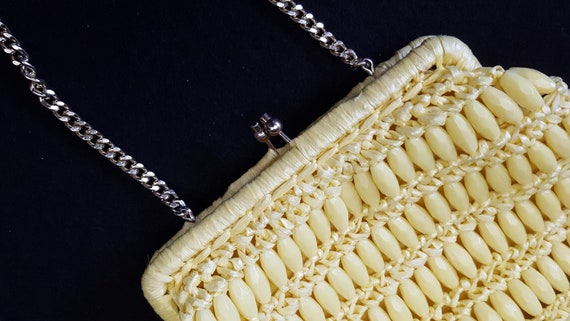 Vintage Mid-Century Lemon Yellow Beaded Raffia Ha… - image 4