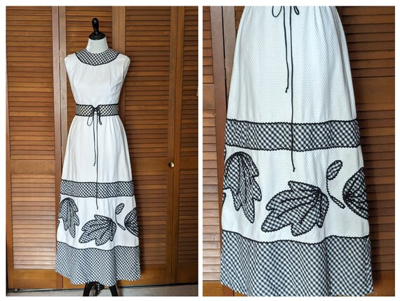 Vintage Groovy 1970s Pique and Gingham Maxi Dress… - image 1