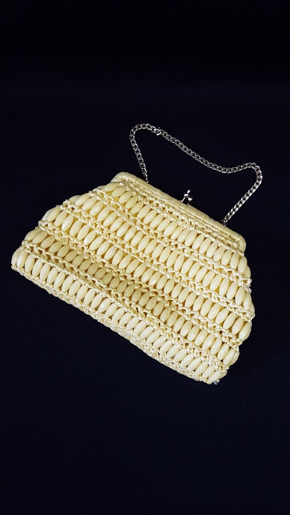 Vintage Mid-Century Lemon Yellow Beaded Raffia Ha… - image 1