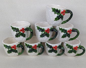Set of 8 Vintage Lefton Holly Berry Christmas Mugs - White Relief Holly Pattern with Green Holly and Red Berries #6066 - Made in Japan