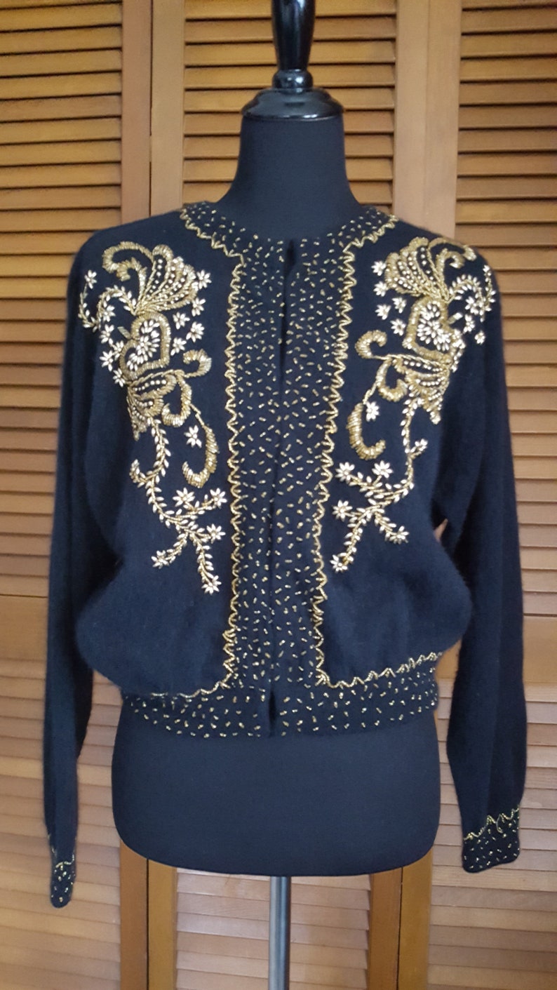 Size L Vintage Lord and Taylor Black Angora-Blend Beaded Sweater