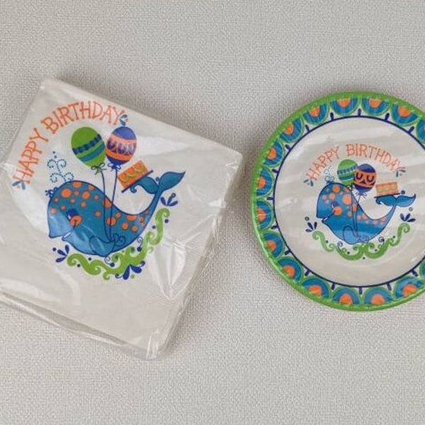 Vintage NOS 1970s Happy Birthday Paper Plates and Matching Napkins - Eight 7" Plates - 16 Luncheon Napkins