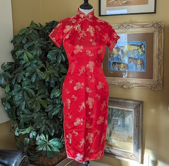 Vintage Solz Squirrel Red Satin Cheongsam Dress -… - image 1