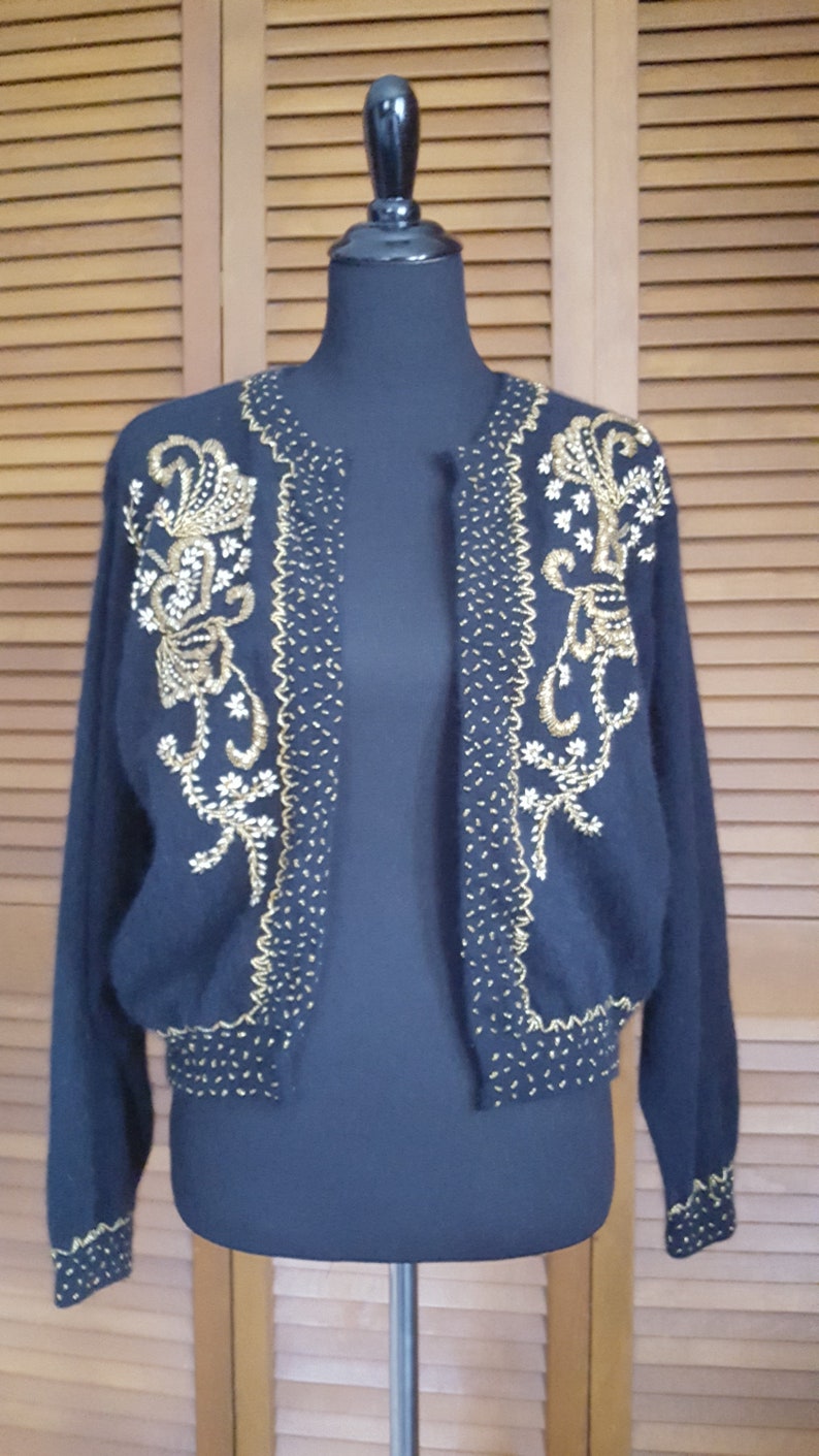 Size L Vintage Lord and Taylor Black Angora-Blend Beaded Sweater