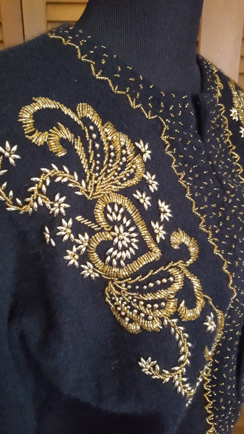 Size L Vintage Lord and Taylor Black Angora-Blend Beaded Sweater