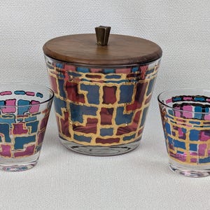 Vintage MCM &quot;Stained Glass&quot; Ice Bucket Plus 2 Old Fashioned Glasses - Two Cocktail Glasses Plus Ice Bowl