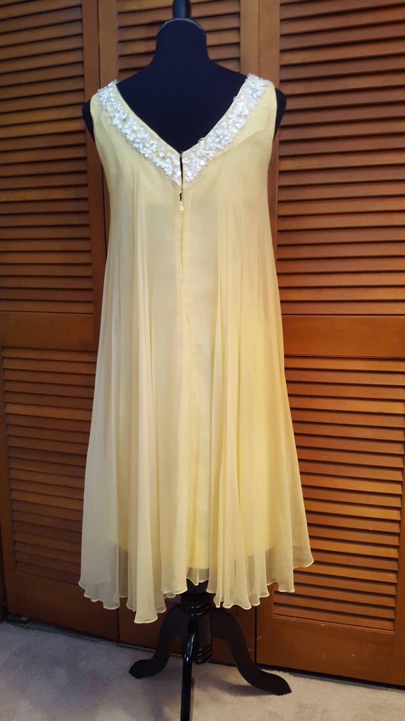 Size 6-8 Vintage 1960/'s Yellow Chiffon Float Cocktail Dress with Sequin Trim